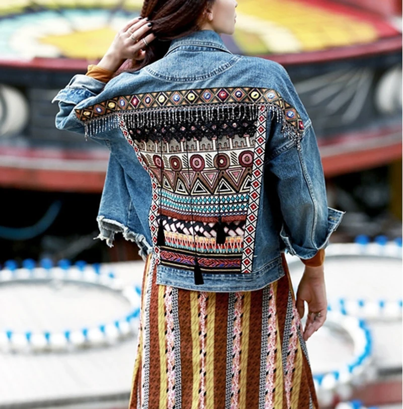 

GypsyLady Floral Embroidery Denim Jackets New Embellished Tassel Blue Boho Jacket Coat Women Casual Hippie Denim Coat Chaqueta