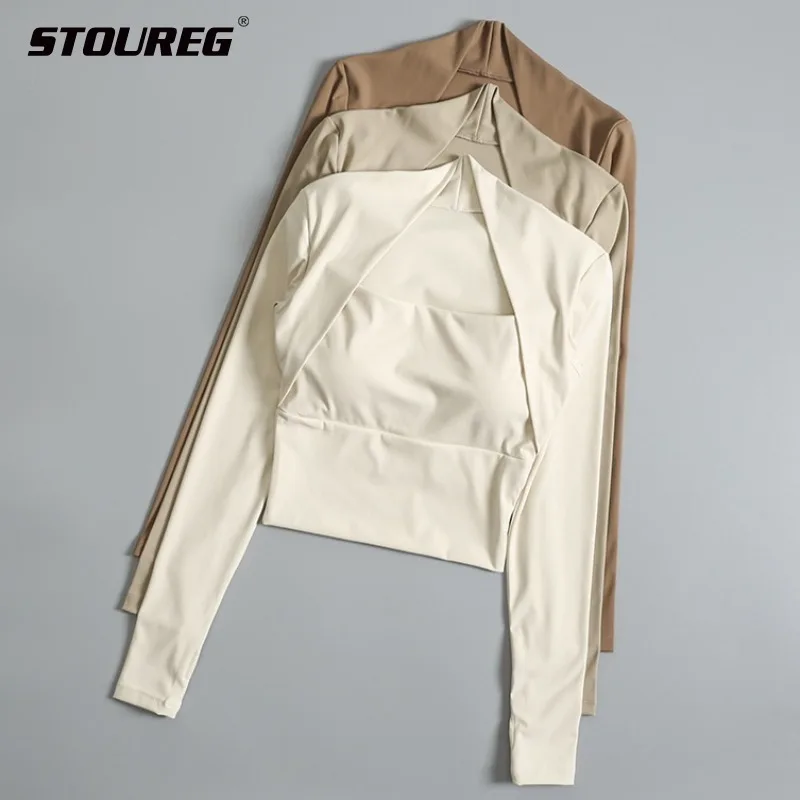 

Women's Bare-Shoulder U-Neck Long-Sleeved Yoga Shirt, with Padded Fake Two-Piece Sports Top, Quick-Dry Running Fitness Shirt