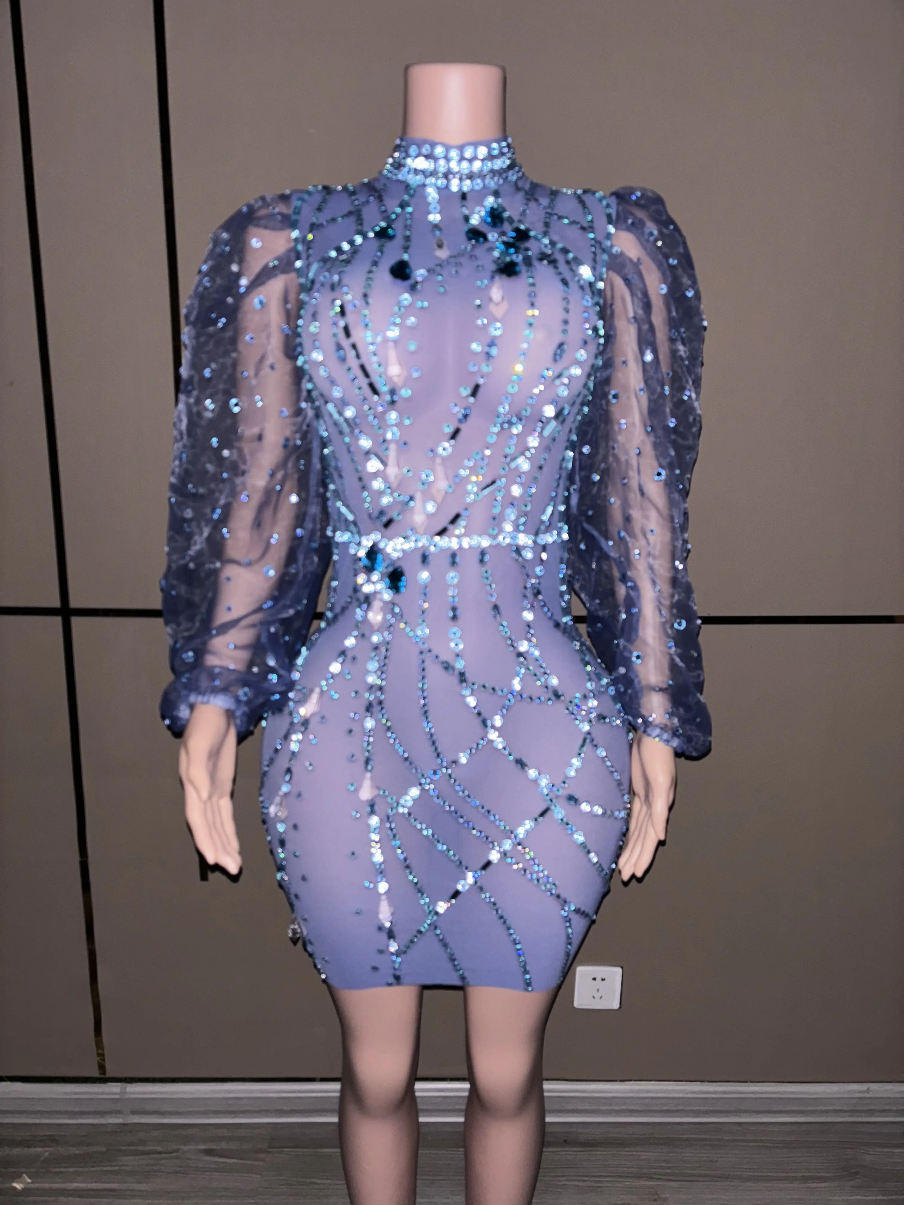 

Elegant Blue Rhinestone Stretch Short Dress ForWomen Sheer Mesh Long Sleeve Evening PartyBirthday Dressy Night Club Wear D110