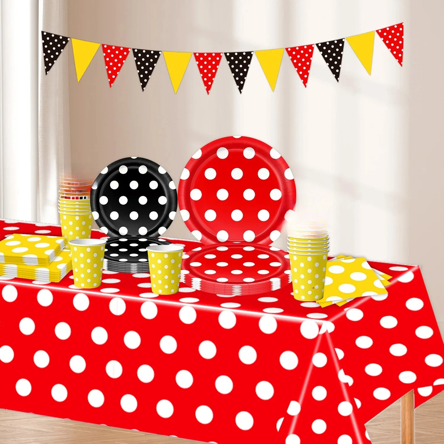 20 stücke Dot Themen Party Einweg Pappteller Seidenpapier Tasse Tischdecke Banner Geburtstag Veranstaltungsort Dekoration Urlaub Dekoration – Detail 1