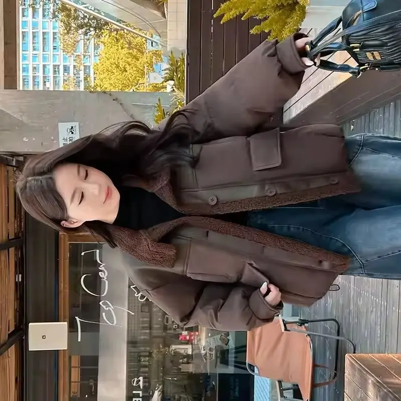 

2025 Winter New Splicing Fur Integrated Cotton Jacket Women Parkas Outerwear Thickened Stand-up Collar Short Locomotive Clothing