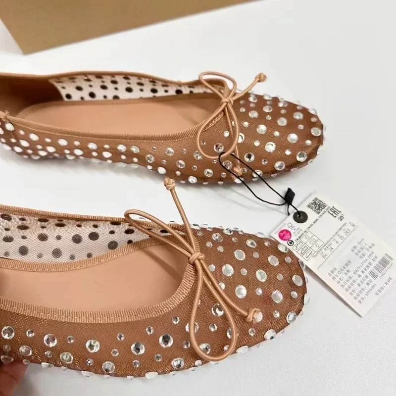 Luksusowe dżetów damskie buty 2099 wiosna płytkie oddychające siatkowe okrągłe Toe Bling Bowtie eleganckie baletki dla kobiet — zdjęcie 6