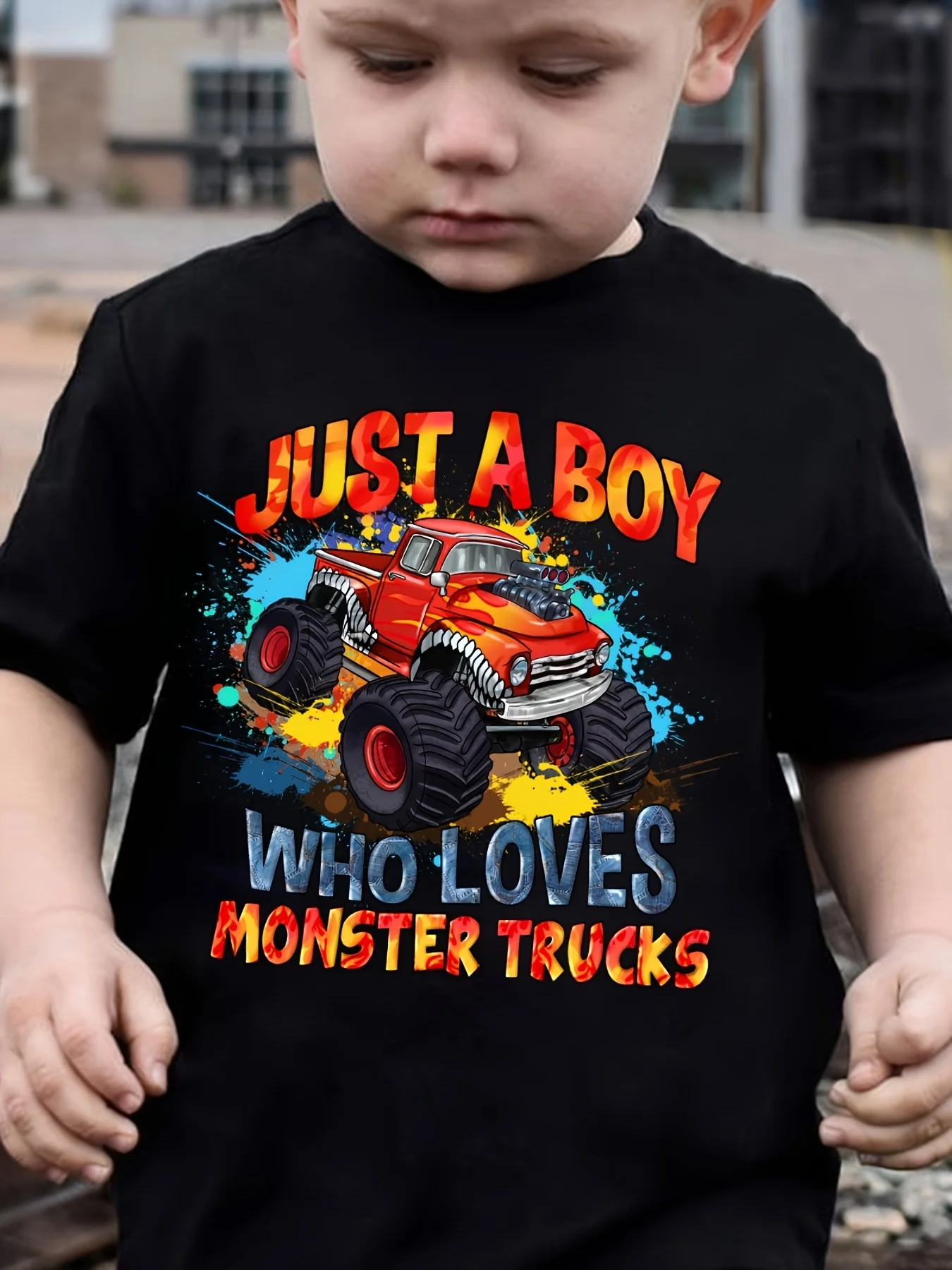 Boy Loves Red Flame Monster Truck Splash Print Family Matching Cotton Tees Short Sleeve Tops For Mom Dad Boys Girls Daily Wear