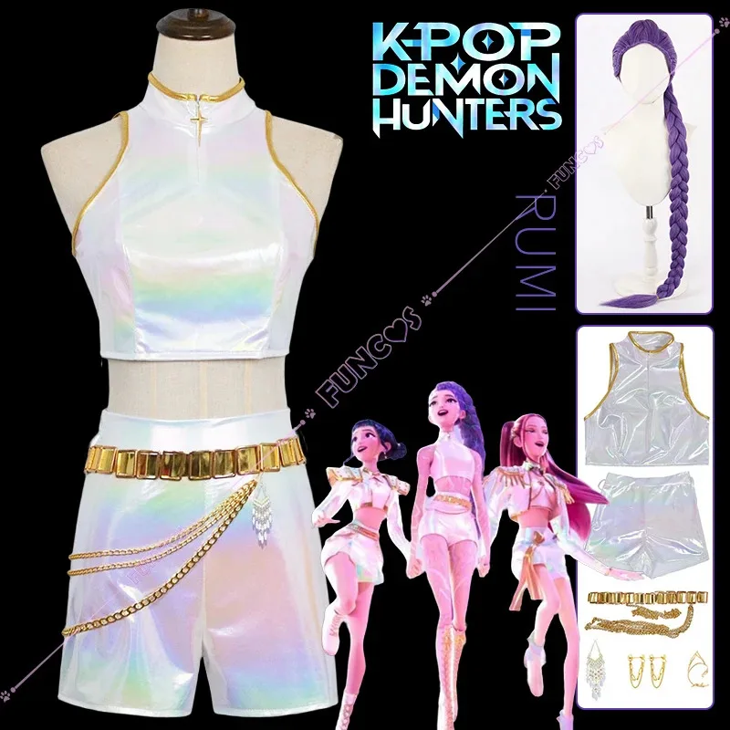 

Аниме фильм Охотники на демонов Руми Косплей Костюм Парик Белые костюмы Пальто Шорты Пояс Серьги Реквизит для женщин Девочек Huntrix Хэллоуин