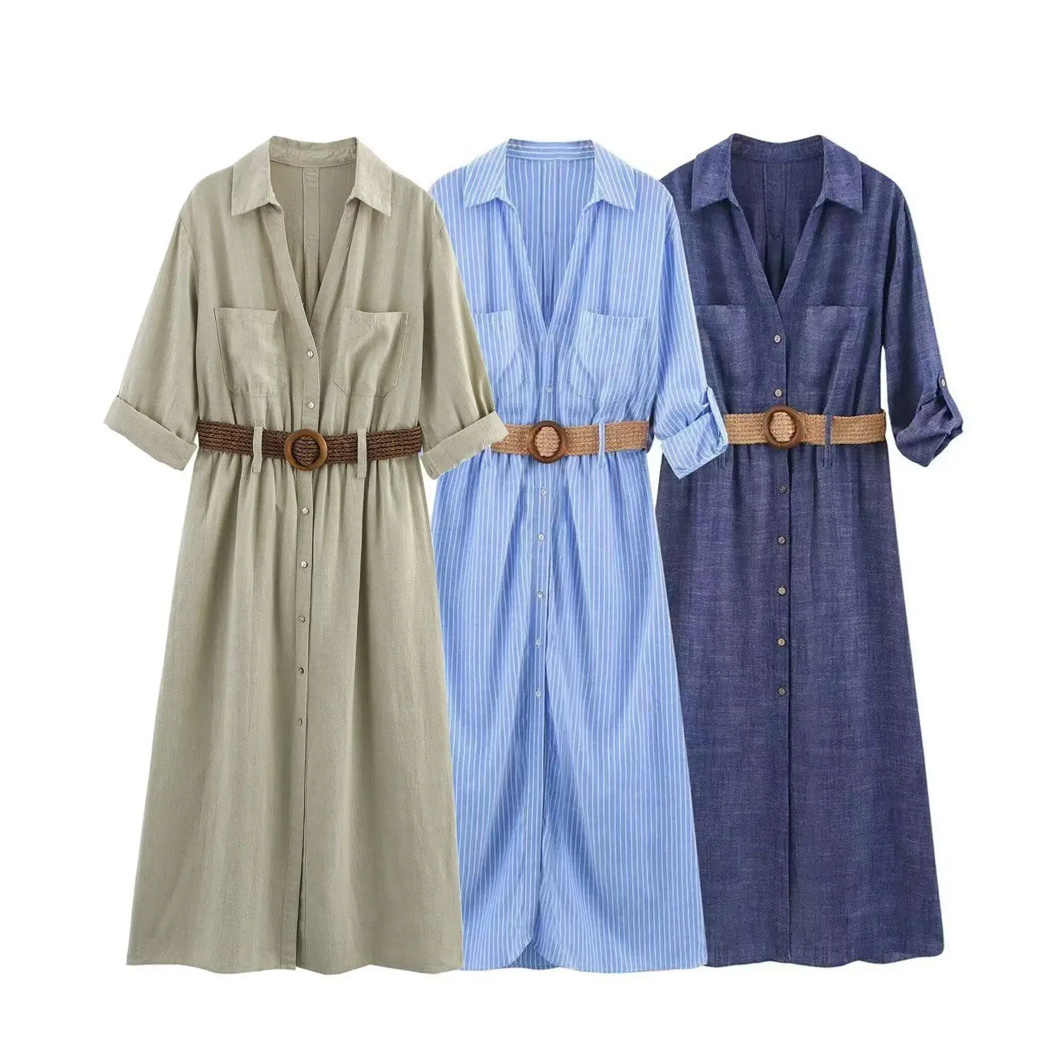 

2025 summer new women's fashion elegant temperament with belt linen blended shirt dress ladies