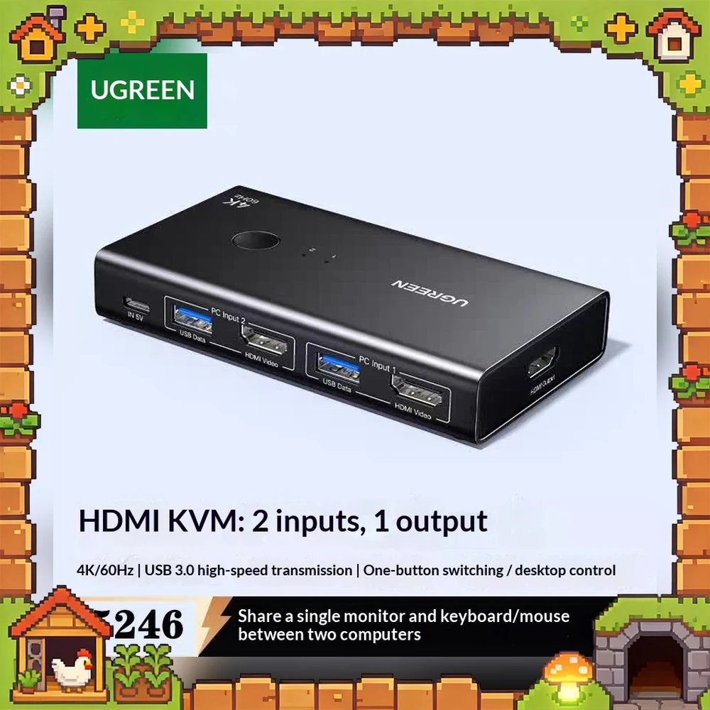 UGREEN 75246 AK502 HDMI KVM Switch 2 In 1 Out for Two Computers One Monitor USB Keyboard Mouse Sharing Selector