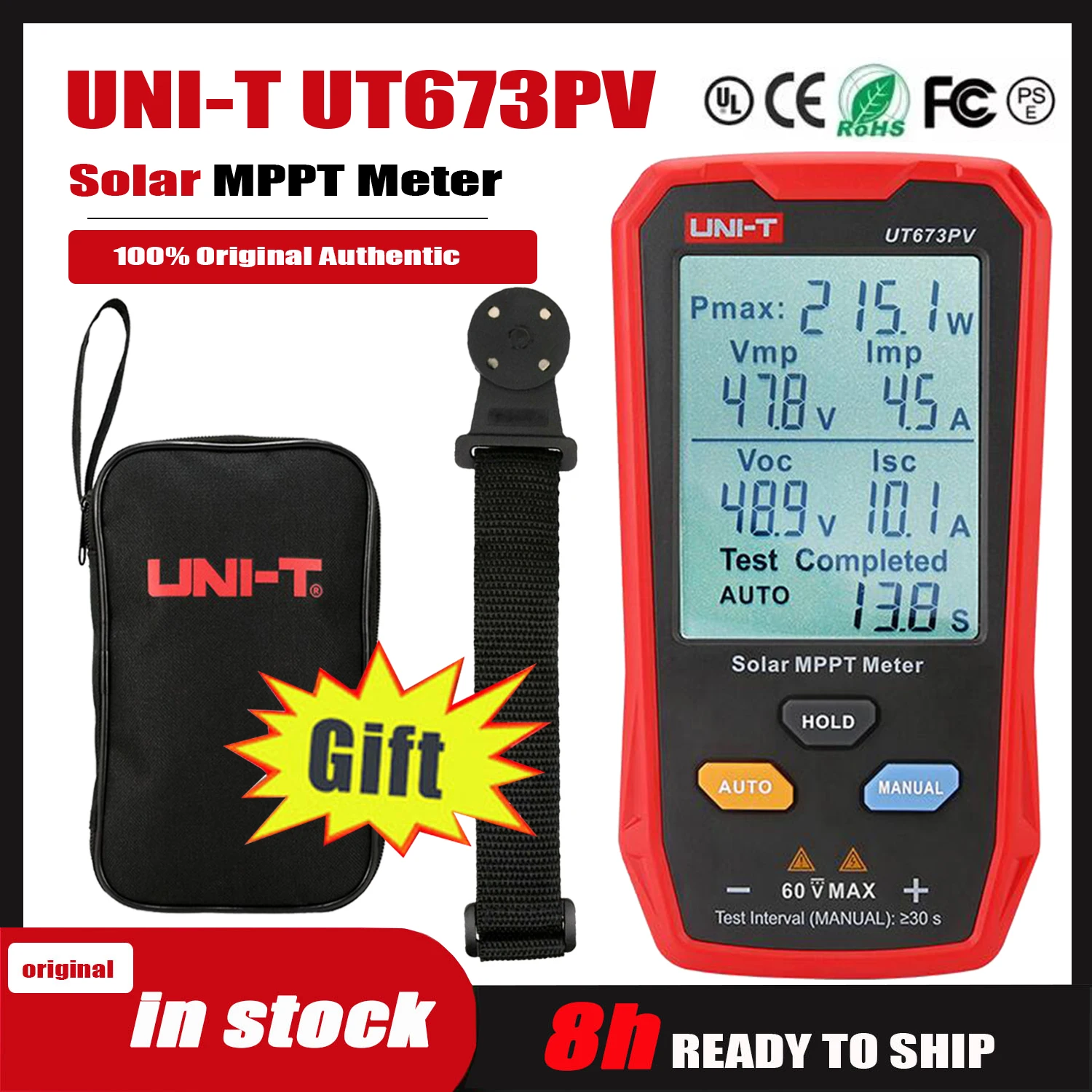 UNI-T UT673PV Solar MPPT Meter; 12~60V Open Circuit Voltage Measurement/800W Power Test/35A Load Current Measurement