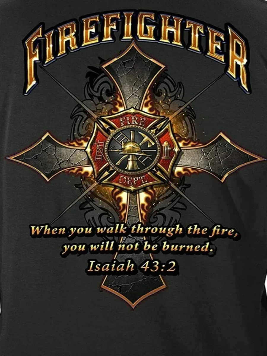 Walk Through The Fire. Isaiah 43:2 Christ Cross Firefighter T-Shirt 100% Cotton O-Neck Summer Short Sleeve Casual Mens T-shirt
