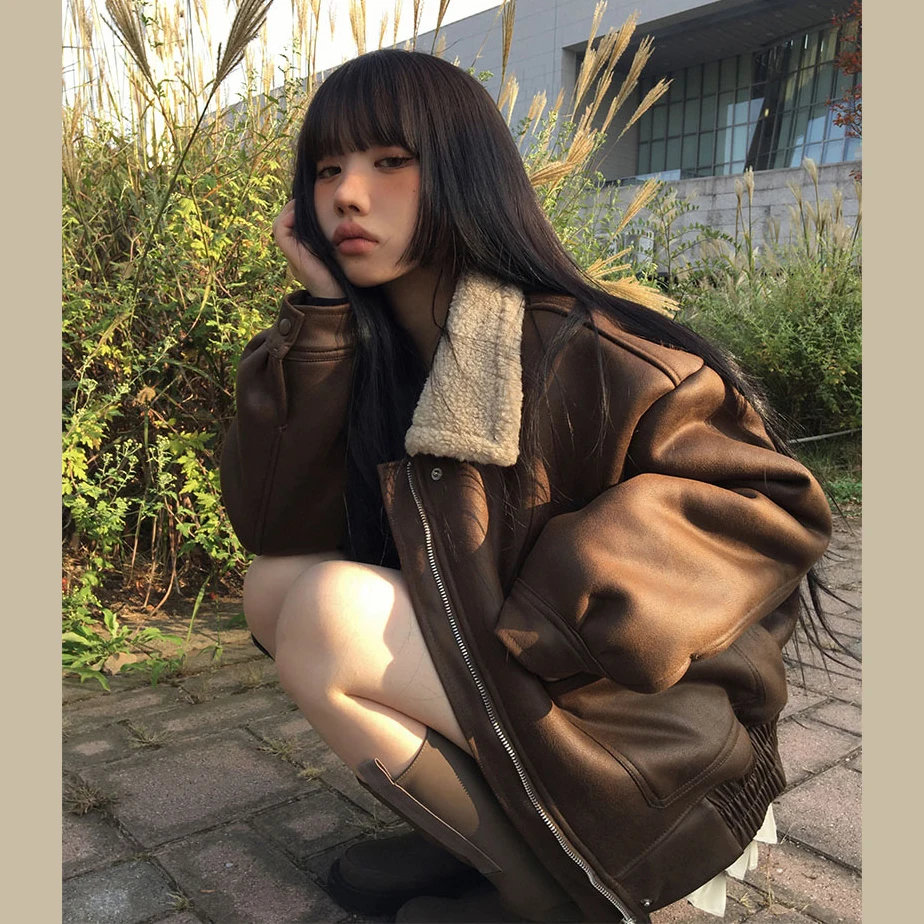 الكورية Sle الدافئة فرو الضأن المشذبة ort Jaet معطف المرأة Faion الخريف الشتاء ملابس خارجية الجلود الناعمة ومعطف الفرو #2