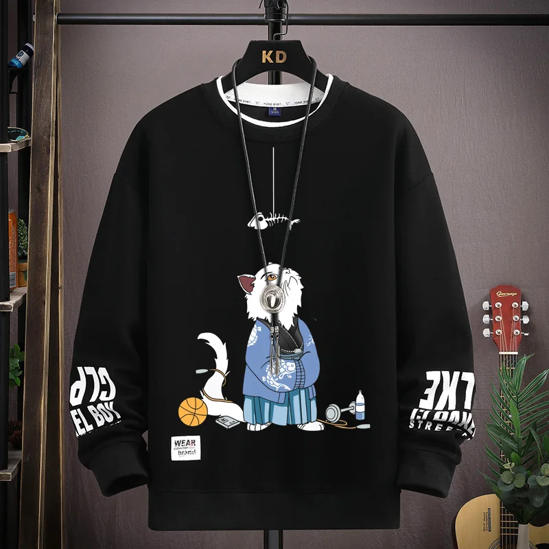 Autumn Men's Sweater Japan Cartoon Cat Printed Sweatshirt Harajuku High Street Trendy Long Sleeve O Neck T-shirt Men's Clothing