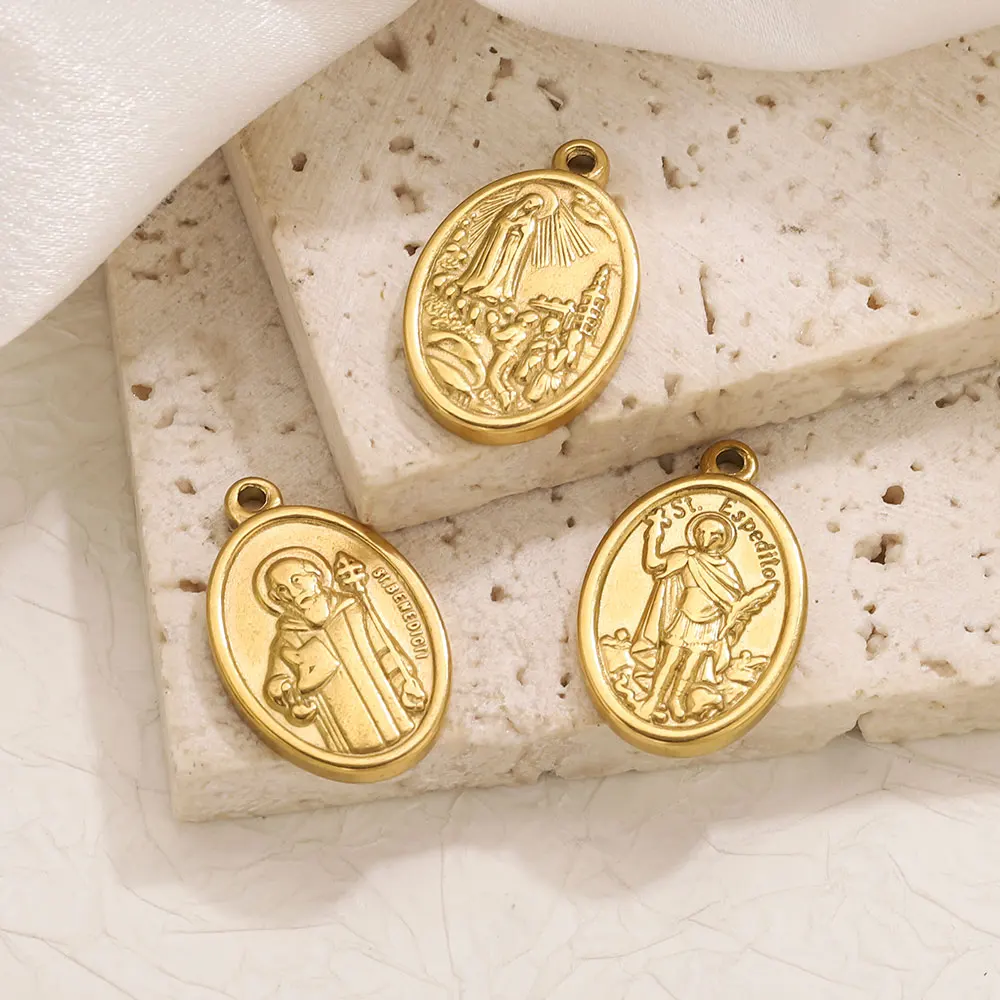 5pcs Stainless Steel Gold-Plated Oval Round Virgin Mary Head Charms Vintage DIY Necklaces Bracelet Jewelry Making Gifts Findings