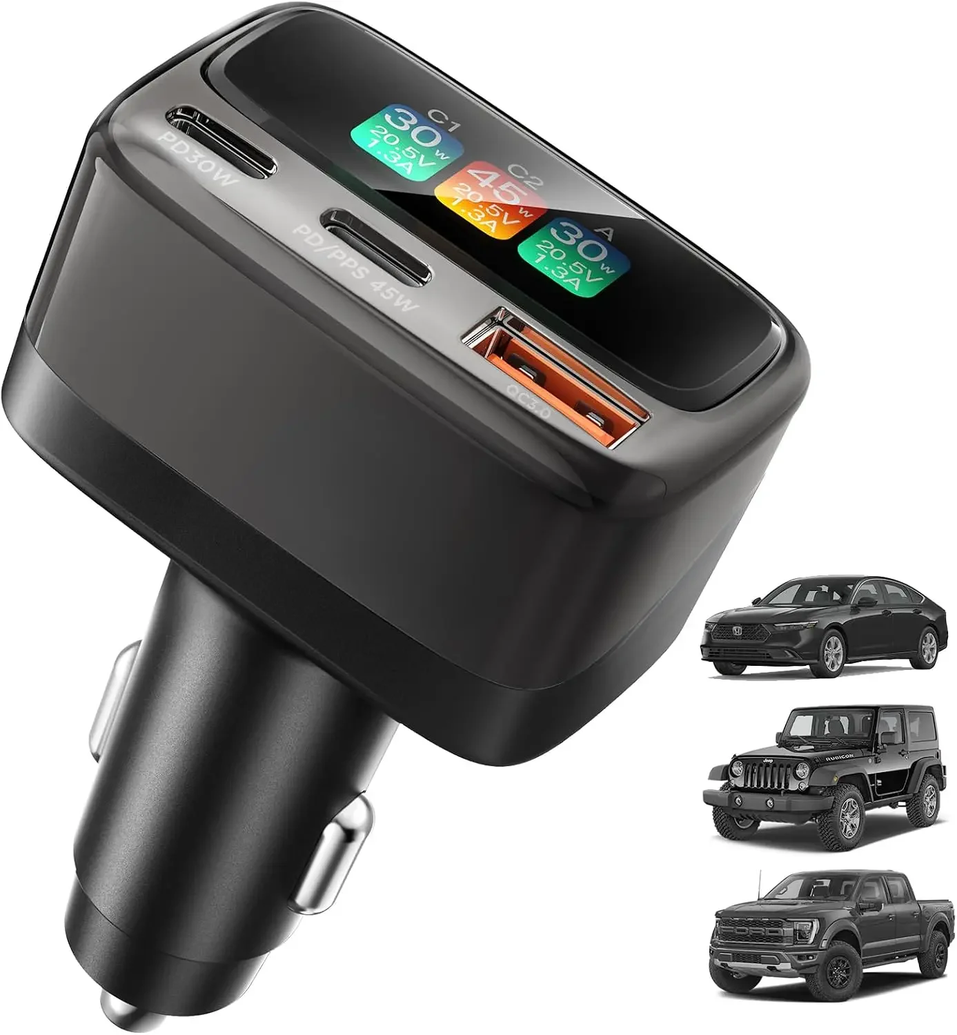 Chargeur de voiture USB-C 105W avec écran couleur numérique, adaptateur allume-cigare à charge rapide 3 ports pour iPhone 17/16/15 Pro Max, Samsung S26, accessoires de voyage pour voiture, cadeaux pour hommes et femmes + câble USB-C de 3 pieds