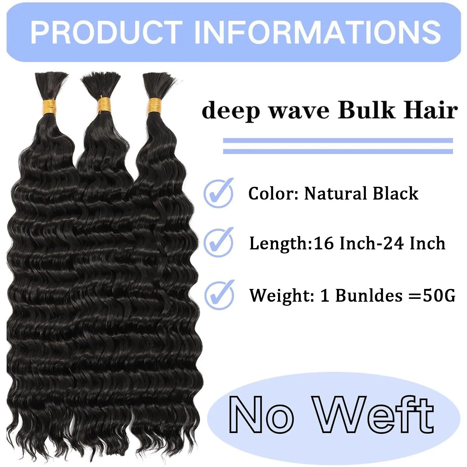 Deep Wave Bulk Human Hair For Braiding Extension 100% Unprocessed No Weft Deep Wave Human Hair Bundles For Braids Natural Black