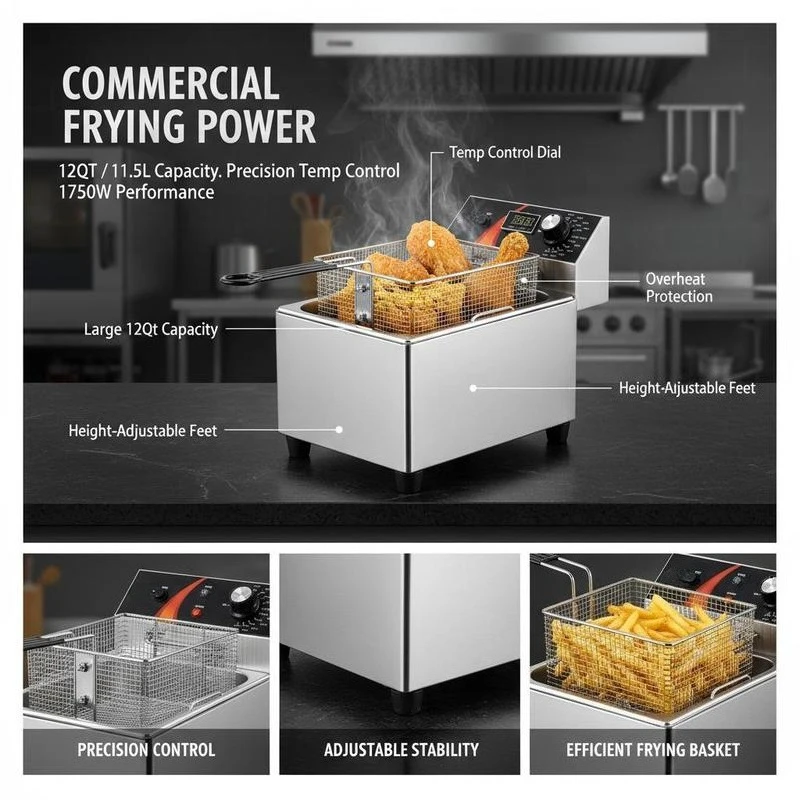Tabletop Frying Machine 12Qt / 11.5L For Restaurant Home Kitchen Catering 1750W Single Basket Height-Adjustable Feet Temperature Control Overheat Protection Professional Culinary Equipment Food Preparation Tool Heavy Duty Construction 12.6 x 11 x 11. view 8