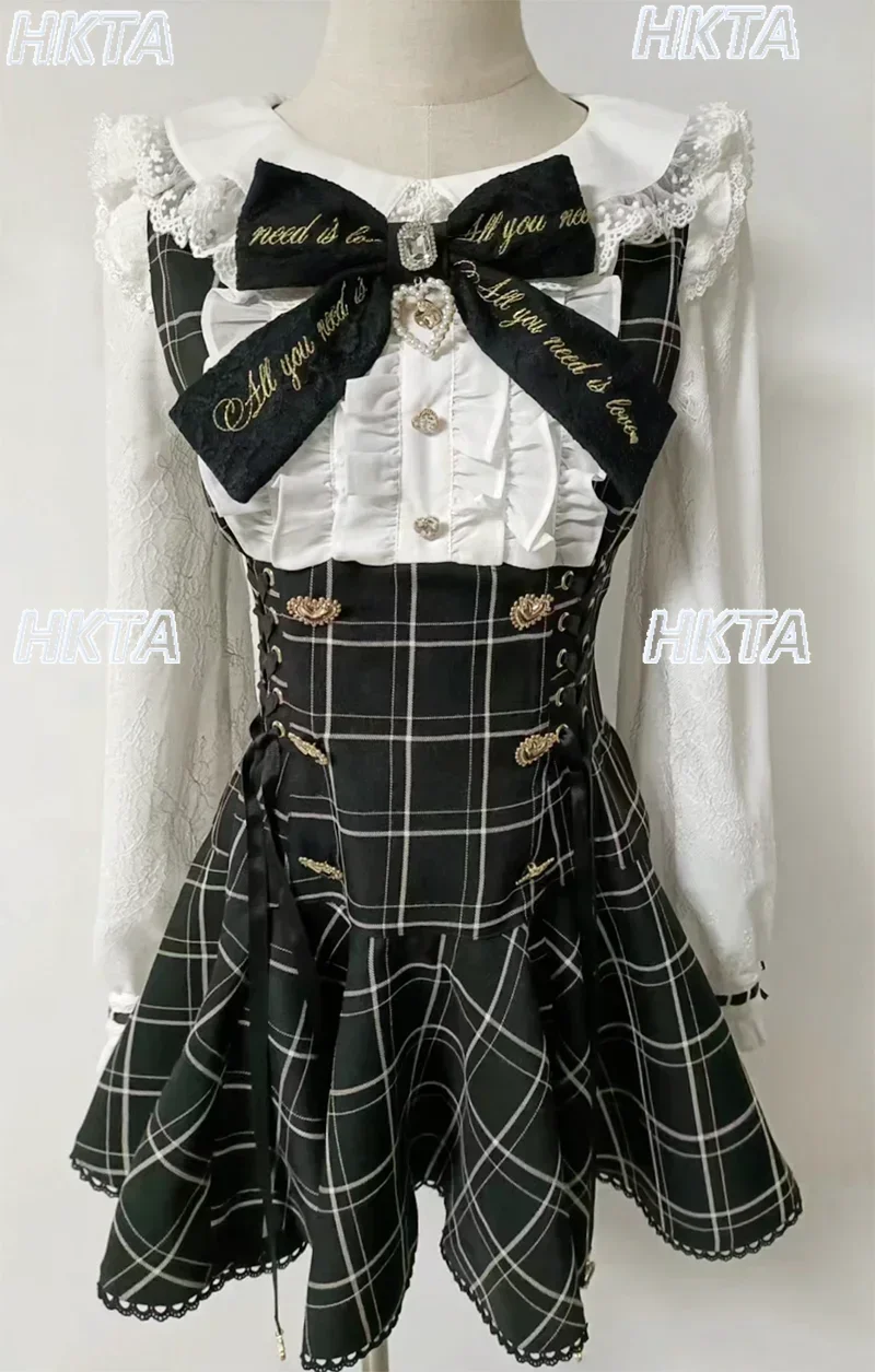 

Japanese Style Sweet Liz Mine Series Mass-Produced Classic Puff Long Sleeve Shirt Dress Shorts Two-Piece Set Women Plaid Dress