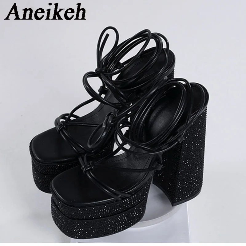 Aneikeh 2024 Fashion Sexy Platform Super High Heel Women\'s PU Open Toe Crystal Edging Thick Heel Lace up Sandals Party Nightclub