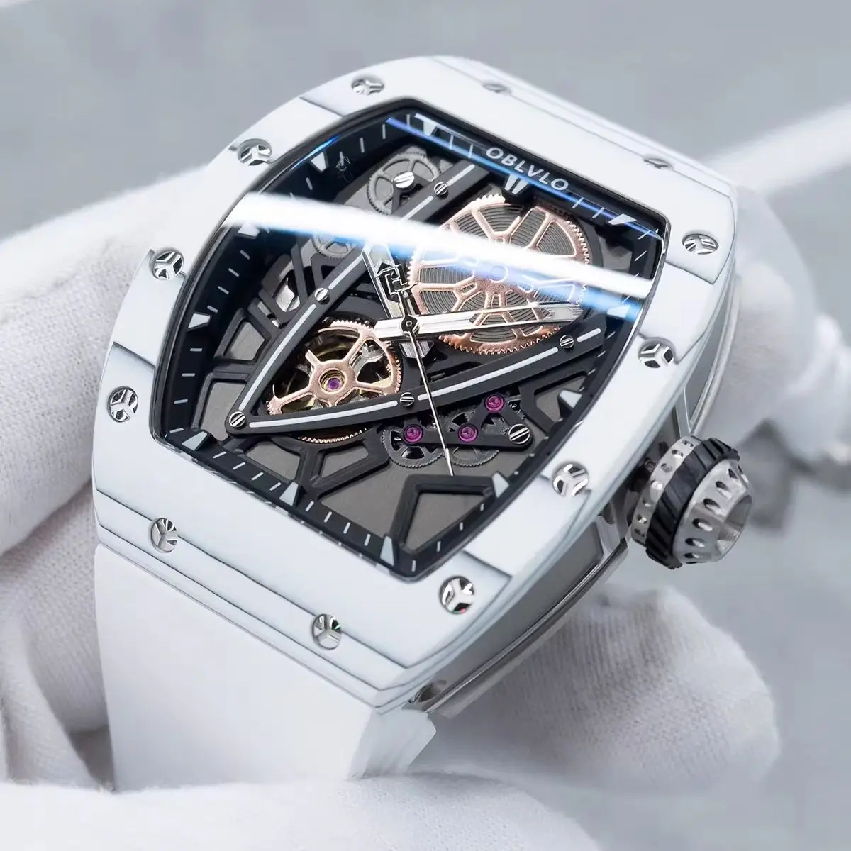 OBLVLO Men Automatic Watch 43mm Tonneau Mechanical Wristwatch Luminous Waterproof Sapphire Mirror Skeleton Dial Miyota Mov