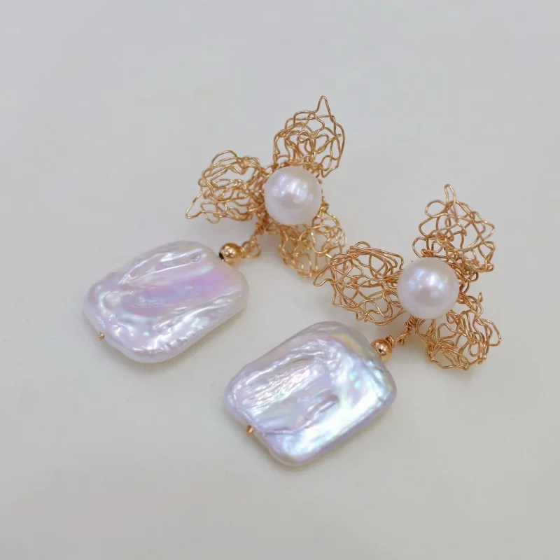 

SGARIT Natural Fresh Water Irregular Aurora Bright White Baroque Pearl Earrings 14k Filled Gold Earrings Women's Exquisite Gift