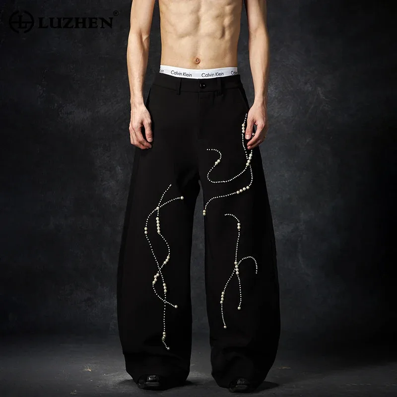 

LUZHEN 2025 New Personalized Pearl Patchwork Design Niche Wide Leg Casual Pants Men Stylish High Quality Street Trousers JY1237