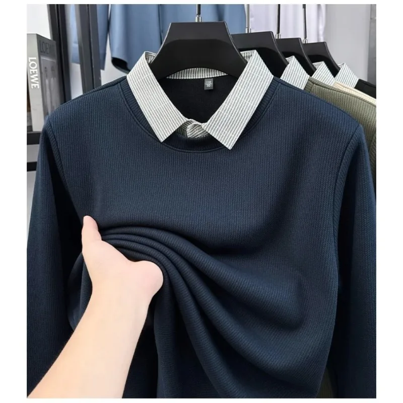 

New Men's Fake Two-piece Knitted Shirt Spring and Autumn Business Casual Shirt Collar Long Sleeved Base Shirt Top Layered on Top