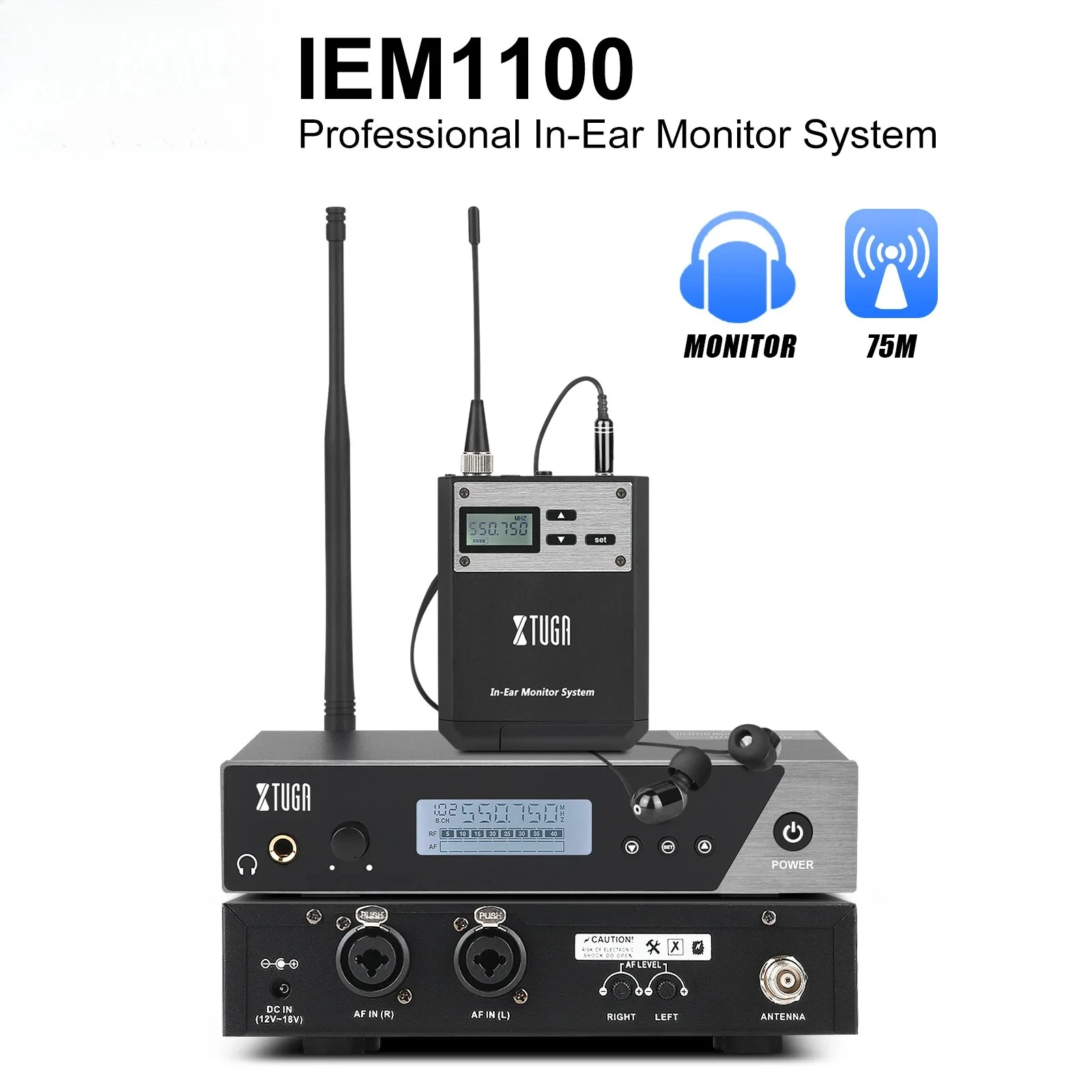 

IEM1100 UHF Wireless Stage Monitor System 75m in Ear Earphone Monitors Dual Channel Transmitter Band Recording Return System Set