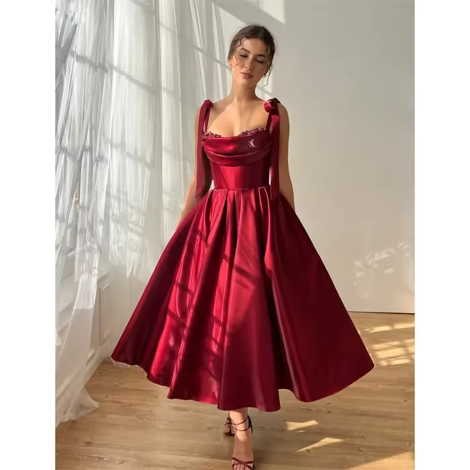 

Customized Burgundy Sweetheart Prom Dress Pleated Corset Beaded A-line Graduation Party Dress Backless Tea-Length Evening Dress