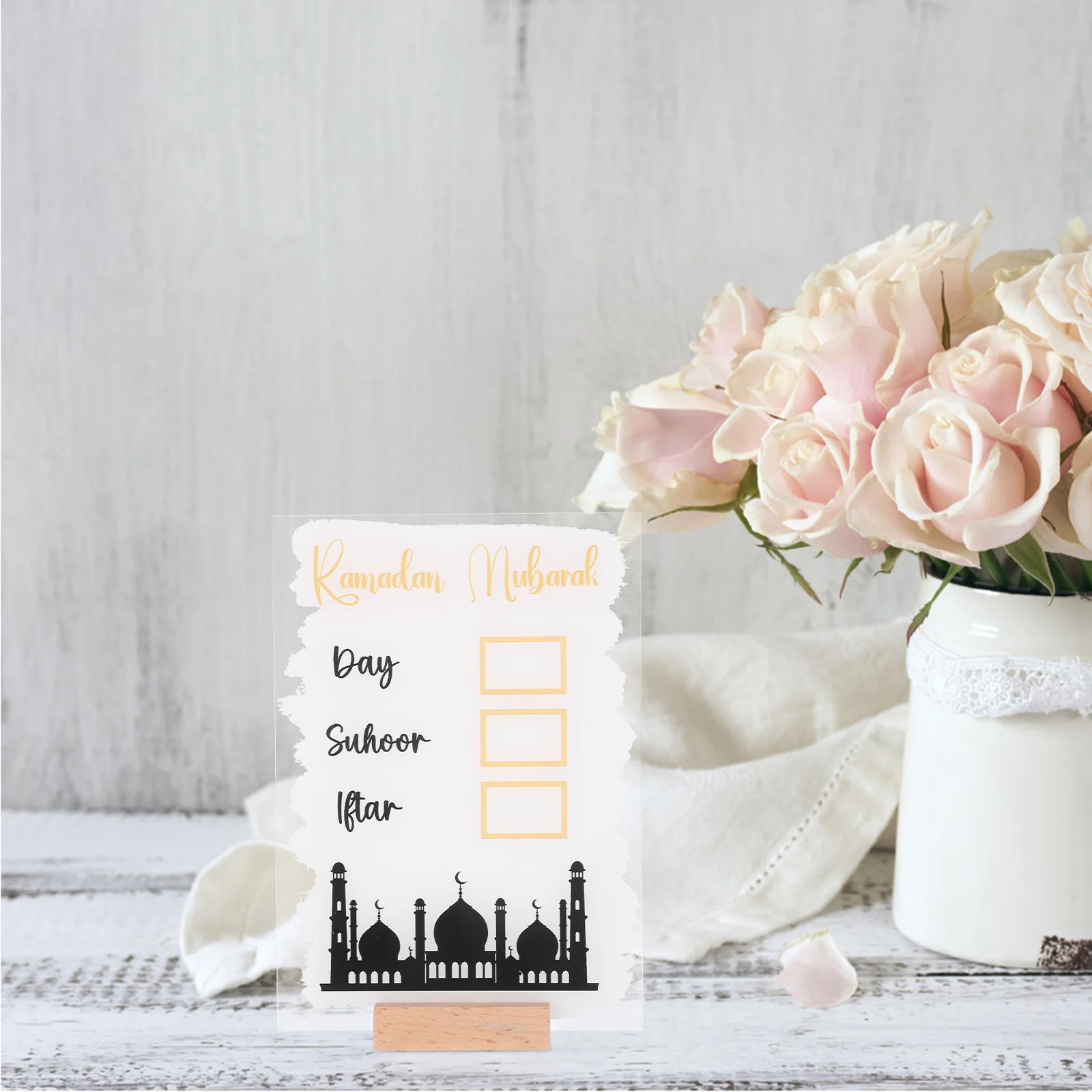 

2024 Ramadan Calendar Eid Mubarak Acrylic Countdown Desk Decor Golden BTU216A Mini Wood Base Black Whiteboard Pen Perpetual Date