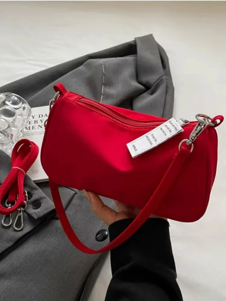 Red Bag Woman 2024 New High-grade Shoulder Hand Underarm Bag Niche Design Simple Commuter Bag Solid Color