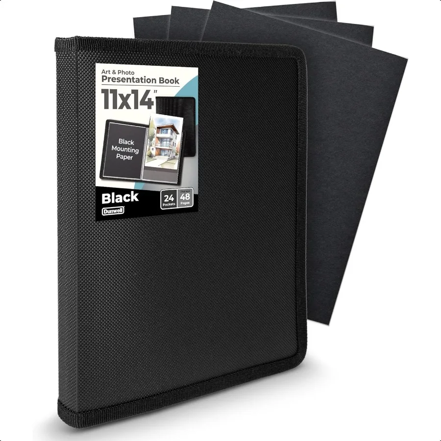 

11x14 Art Portfolio Binder with Mounting Paper Black Large Portfolio Folder for Artwork Storage 24 Sleeves Displays 48 Pages 11