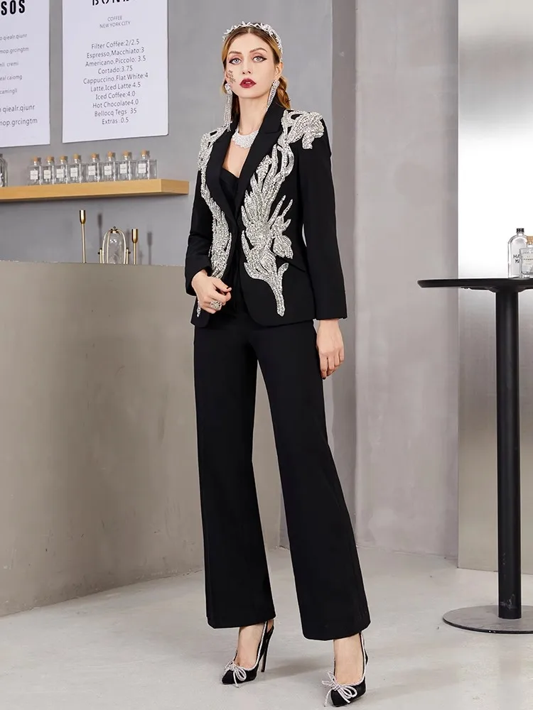 Luxus Frauen glänzende Diamanten Perlen Anzug Set Slim Fit Bankett zweiteilig Set elegante Büro Damen Blazer Jacke Hosen Anzüge Sets