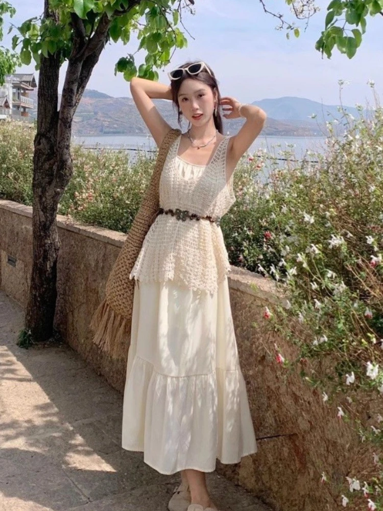 

Woman Outfit Sling Summer Clothes 2025 Korea Y2k Streetwear Promotion Chic and Elegant Hollow Out 2 Pieces Dress Sets for Women