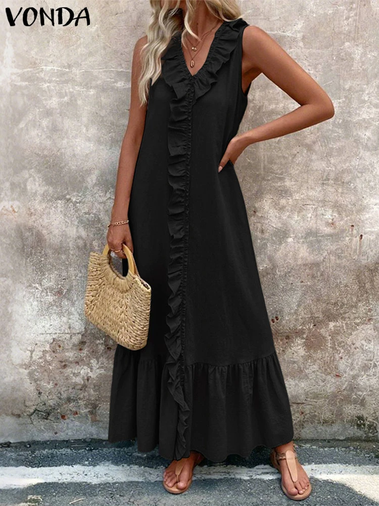 플러스 사이즈 5XL VONDA 여름 긴 드레스 여성 민소매 섹시한 프릴 맥시 베스 티드 v 넥 캐주얼 솔리드 컬러 비치 탱크 Sundress