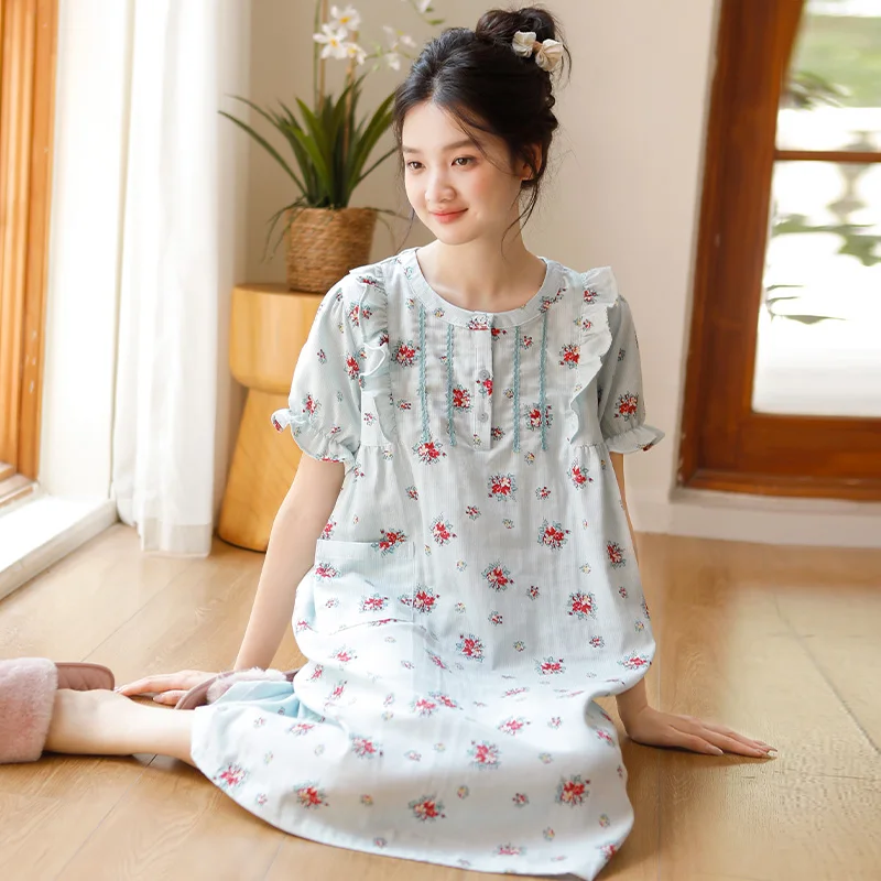 

Summer new sweet floral short sleeved pajamas made of pure cotton gauze with a round neck that can be worn as a home skirt