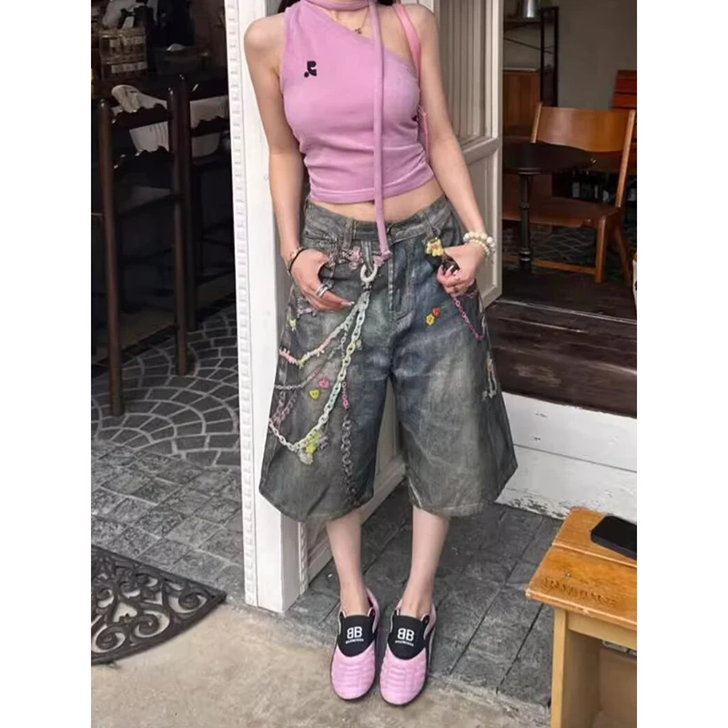 

ZHIZOU 2025 Summer American Vintage 2000s Streetwear Print Y2k Jeans Women High Waist Blue Shorts Baggy Wide Leg Short Trousers