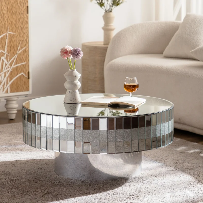 

Round Mirrored Coffee Table Wood Glass Large Decorative Bling Crushed Diamond Silver Mirror Luxury Modern Living Room Furniture