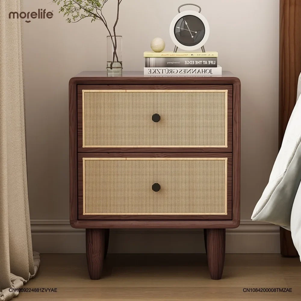 

Solid Wood Bedside Table Nordic Walnut Color Rattan Woven Bed Edge Cabinet Modern Simple Retro Furniture Bedroom Nightstands K01