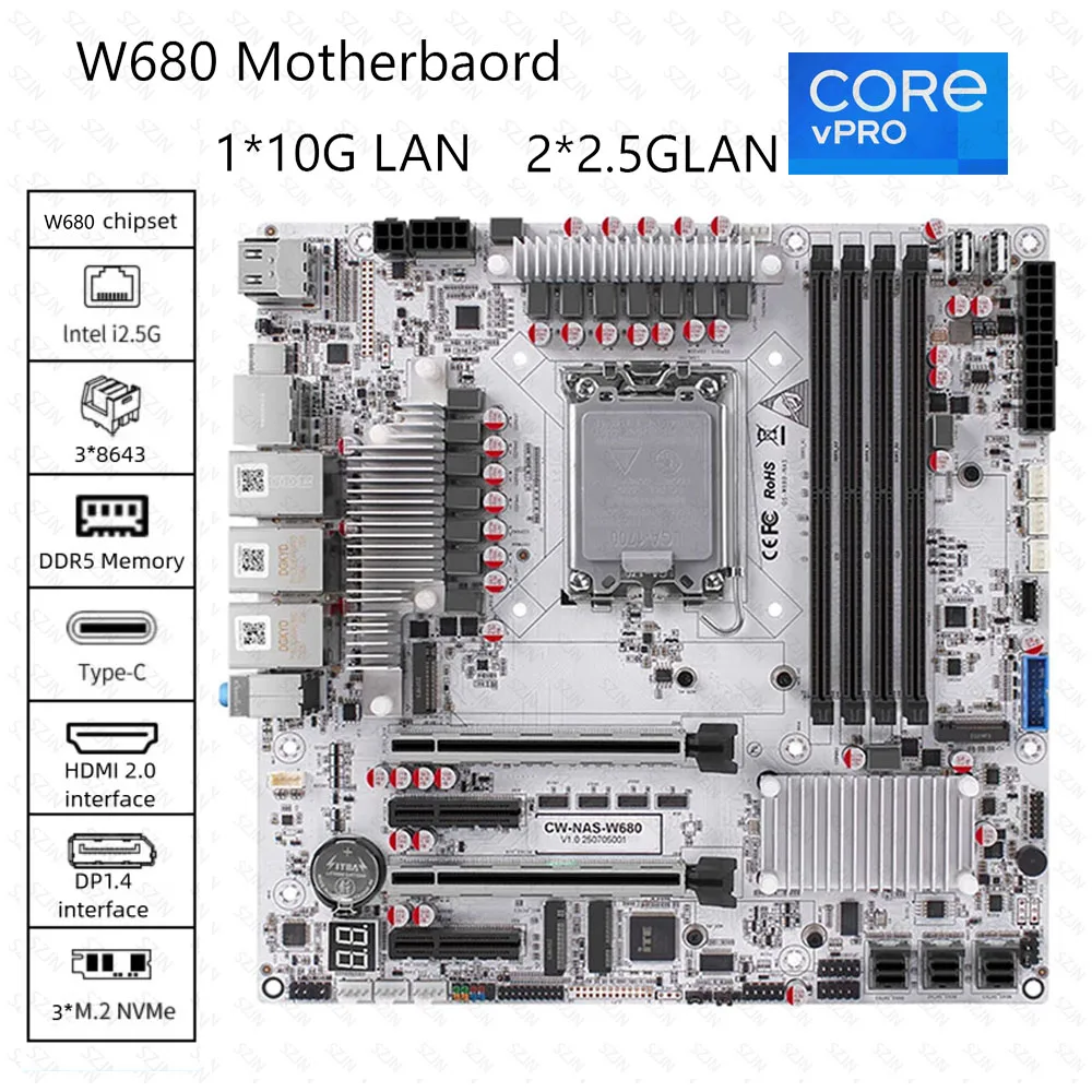 

W680 Motherboard AIO Nas Server Support DIY 12-14th Core DDR5 Max 128GB PCIE5.0 12*SATA3.0 3*M2-NVME All in One Workstation