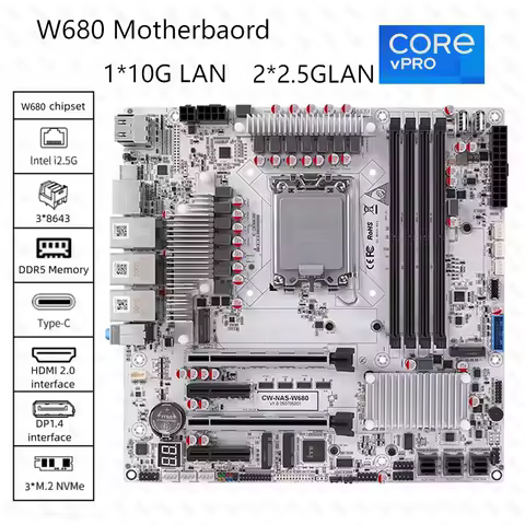CWWK W680 Motherboard AIO Nas Server Support DIY 12-14th Core DDR5 Max 128GB PCIE5.0 12*SATA3.0 3*M2-NVME All in One Workstation