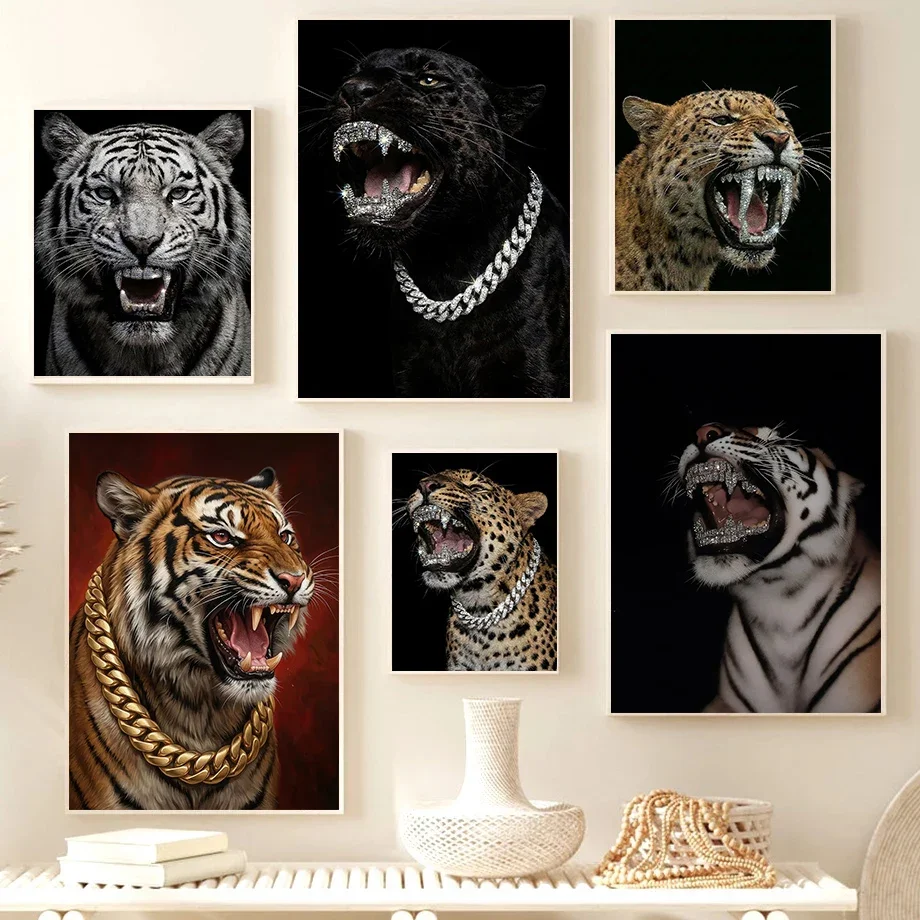 Luxury Leopard with Diamond Teeth Posters Cool Jaguar Modern Prints Canvas Painting Wall Art Pictures Home Living Room Decor
