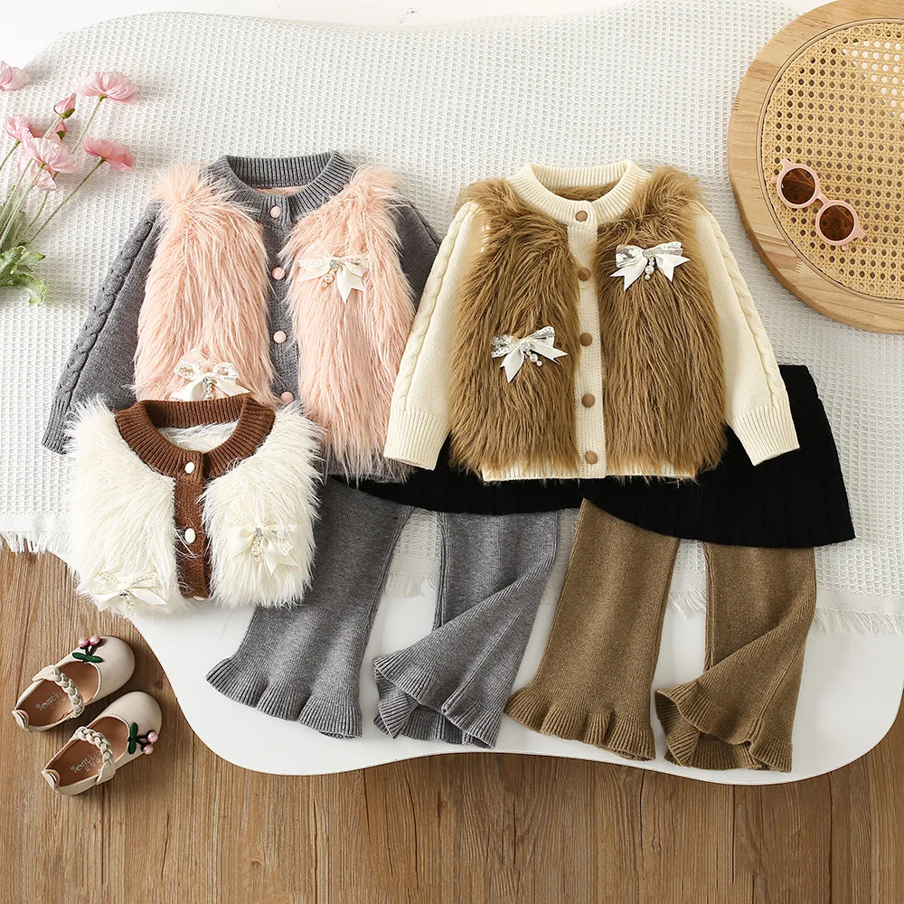 Girls Knitted Clothes Sets Spring Autumn Children Woolen Jersey Sweaters Tops Pants 2pcs Fashion Suit For Baby Fur Outfits Kids