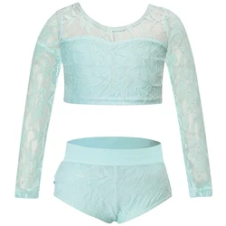 Girls Two Piece Lace Ballet Dance Leotard Kids Dance Costume Gymnastics Sports Outfits with Bottoms Shorts Tracksuit