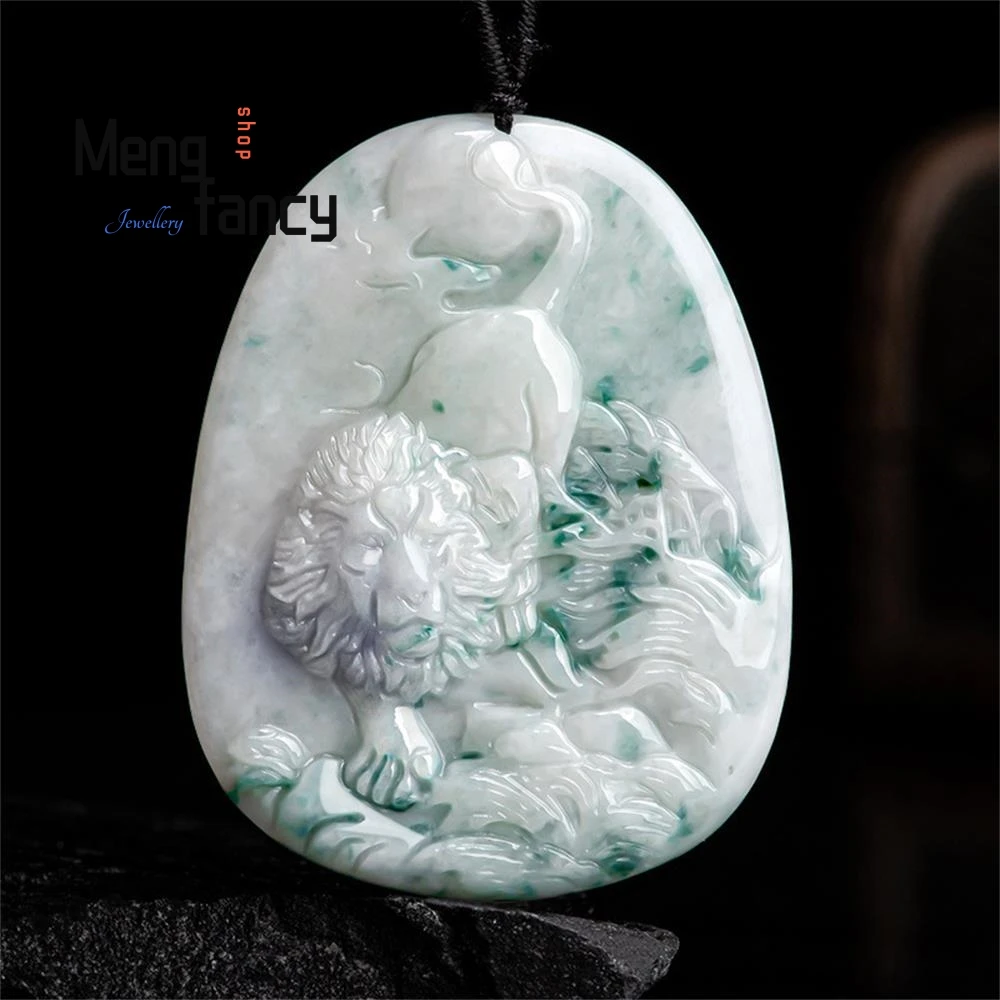 

Natural Burmese A-grade Jadeite"Drifting flowers"Lion Spirit Jade Pendant" Domineering" High-grade Fashion Jewelry Holiday Gifts