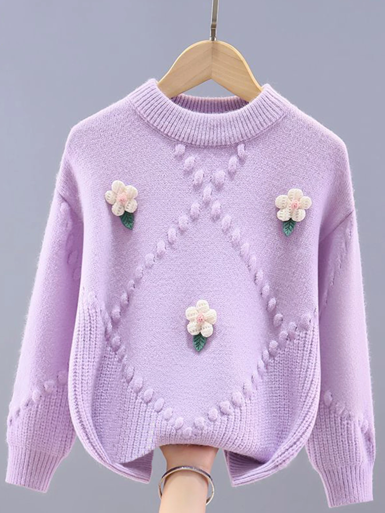 Girls 3D Flower Diamond Knit Sweater Kids Round Neck Bubble Jacquard Pullover Children Sweet Casual Knitwear Autumn Tops