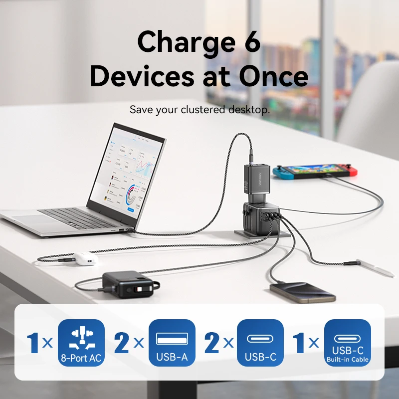 Универсальный дорожный адаптер GaN Vention 35 Вт с USB и типом C, международный адаптер для быстрой зарядки, вилка стандарта ЕС/Великобритании/США/Австралии для путешествий