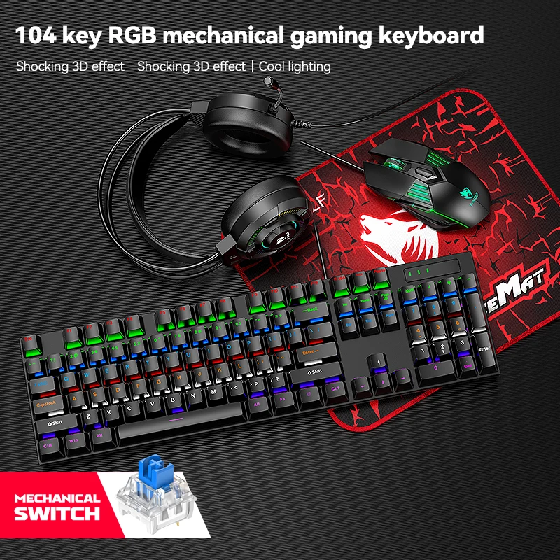 Wired Esport Game Mechanical 4IN1 Keyboard Mouse Headset Mousepad Set Green Switch Keyboard Combos For Desktop