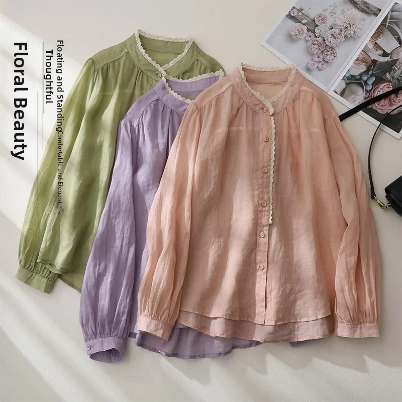 

Ele Summer Linen irt Women's Design Sensation Korean Sle Loose Fit Pure Color Commute Faion irt