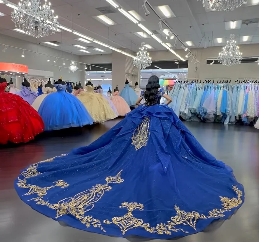 Treasure Blue Gorgeous Princess 15 Quinceanera Dresses Glitter Off Shoulder Crystal Applique Beaded Cathedral Train Prom Lace UP