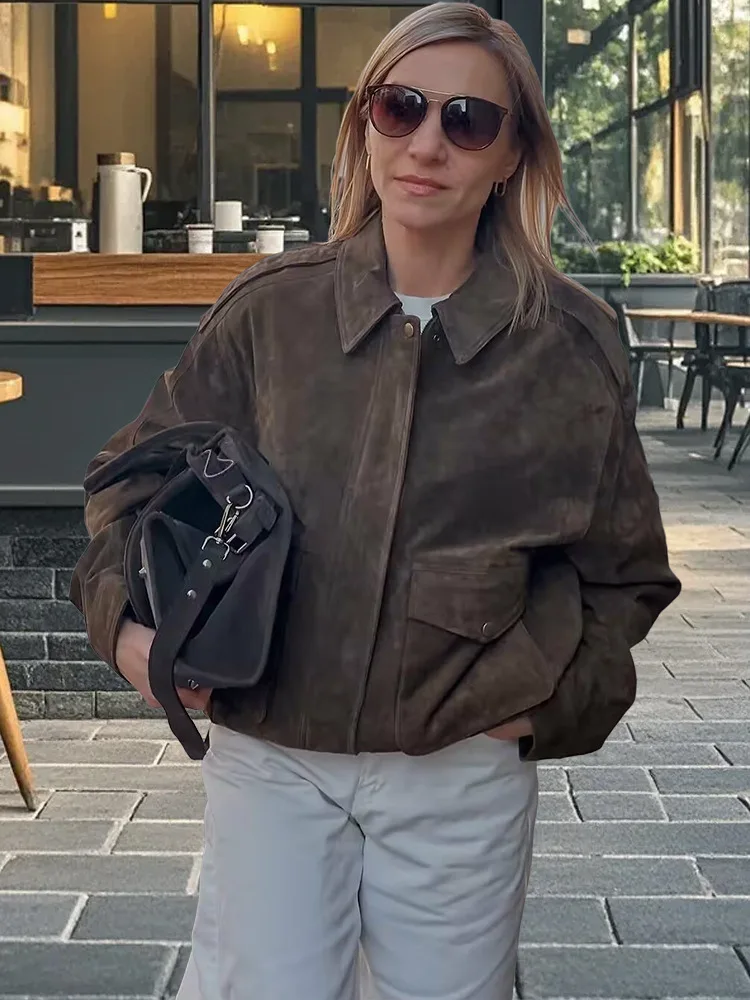 Jaquetas de camurça elegantes casacos femininos gola virada para baixo manga longa com zíper bolso jaquetas 2025 outono inverno casual piloto outerwear