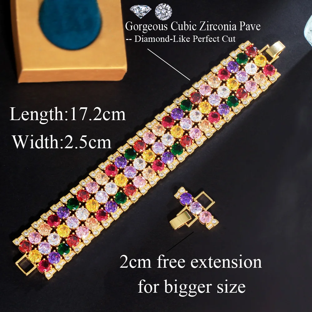 CWWZircons Heavy CZ Stone Work Multicolor Round Cubic Zircon Big Luxury Wedding Bracelet Bangle Dubai Gold Plated Jewelry CB342