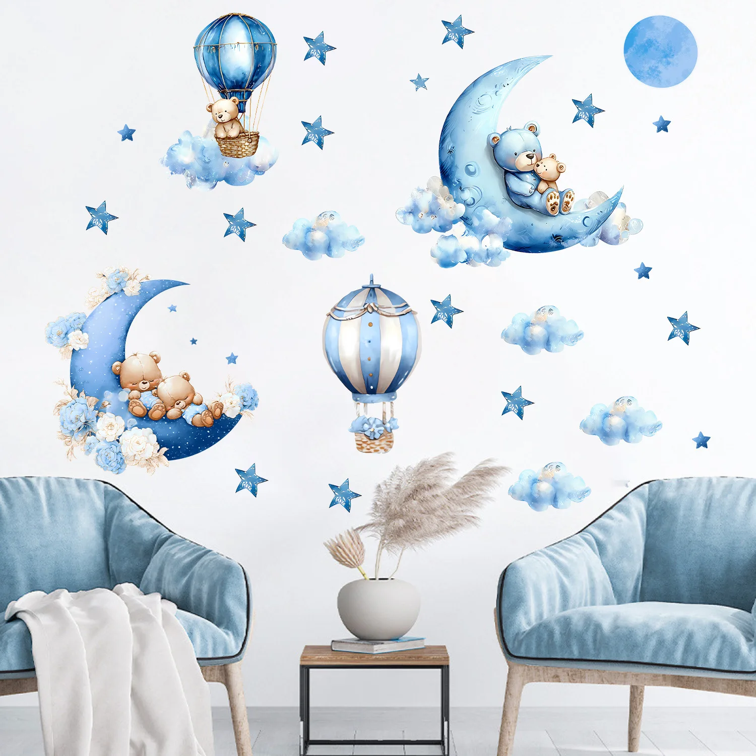 Blue Cartoon Teddy Bear Moon Hot Air Balloon Wall Sticker Kids Bedroom Waterproof Self Adhesive Decals Nursery Decor Peel Stick